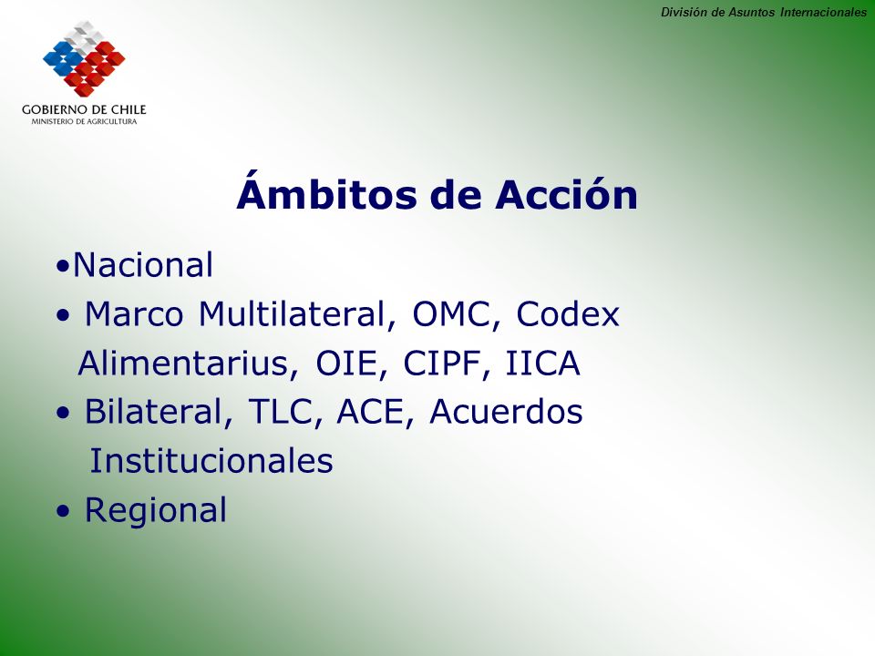 División de Asuntos Internacionales Ámbitos de Acción Nacional Marco Multilateral, OMC, Codex Alimentarius, OIE, CIPF, IICA Bilateral, TLC, ACE, Acuerdos Institucionales Regional