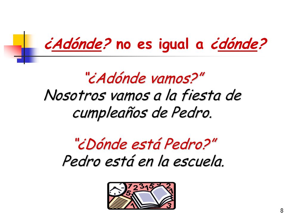 7 ¿Adónde vamos. ¿Adónde + ir . Adónde is a question word that indicates to where we are going.