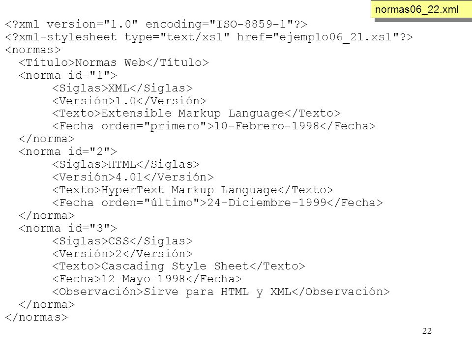 22 Normas Web XML 1.0 Extensible Markup Language 10-Febrero-1998 HTML 4.01 HyperText Markup Language 24-Diciembre-1999 CSS 2 Cascading Style Sheet 12-Mayo-1998 Sirve para HTML y XML normas06_22.xml
