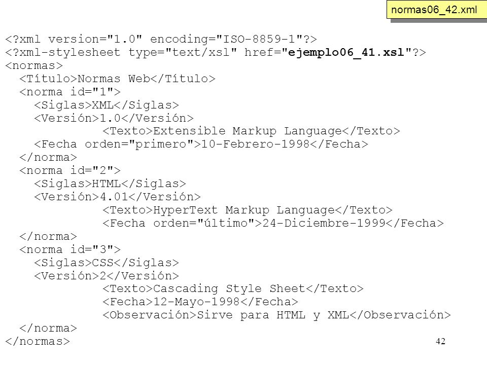 42 Normas Web XML 1.0 Extensible Markup Language 10-Febrero-1998 HTML 4.01 HyperText Markup Language 24-Diciembre-1999 CSS 2 Cascading Style Sheet 12-Mayo-1998 Sirve para HTML y XML normas06_42.xml