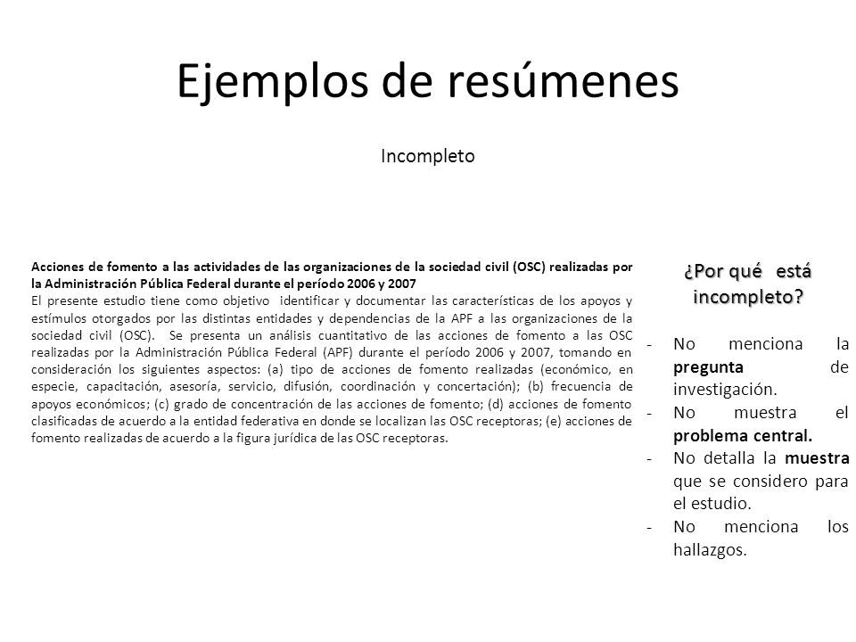 Ejemplos+De+Resumenes Ejemplos de resúmenes Incompleto Acciones de fomento a las ...