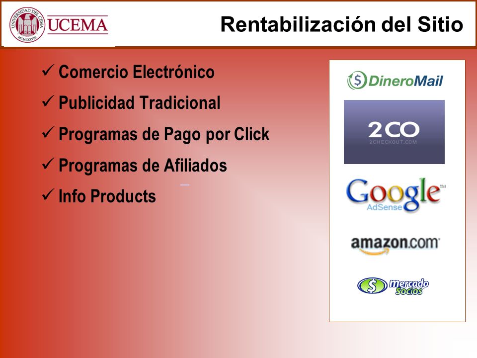 Rentabilización del Sitio Comercio Electrónico Publicidad Tradicional Programas de Pago por Click Programas de Afiliados Info Products