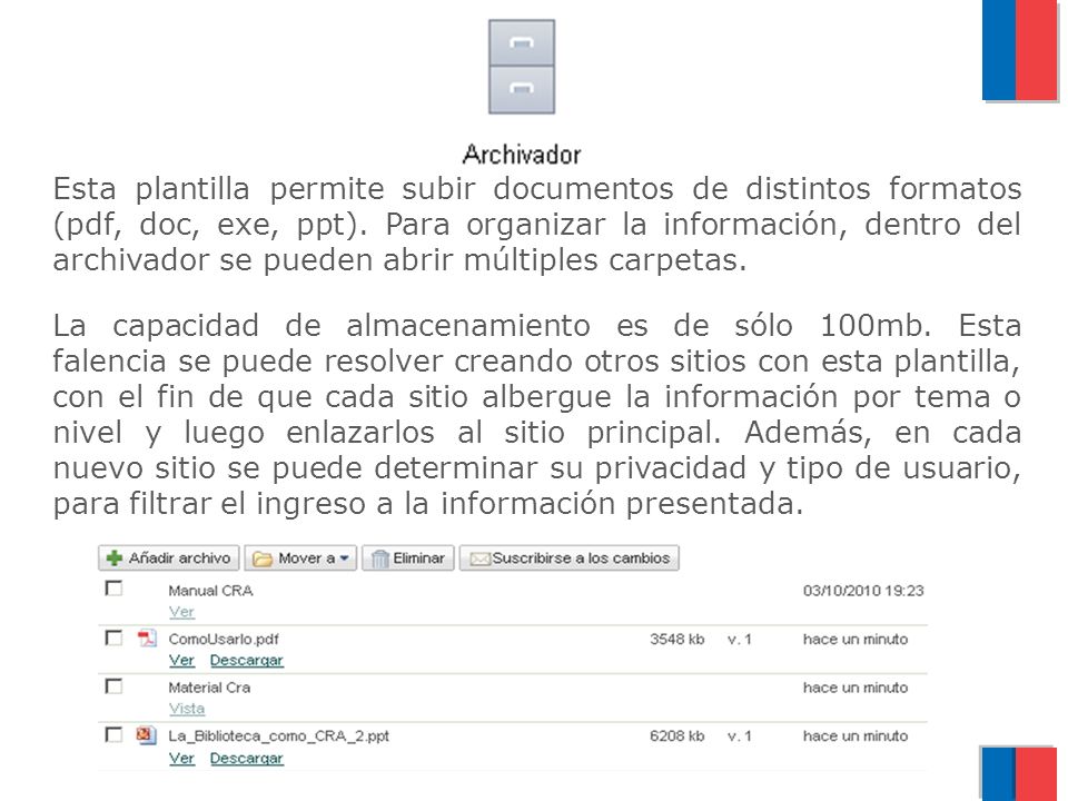 Esta plantilla permite subir documentos de distintos formatos (pdf, doc, exe, ppt).