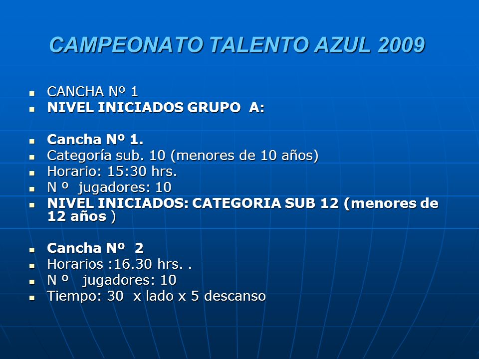 CAMPEONATO TALENTO AZUL 2009 Talento Azul mes Agosto: categorías sub 10/12 Talento Azul mes Agosto: categorías sub 10/12 Fechas de juegos: DOMINGO 6 de septiembre.