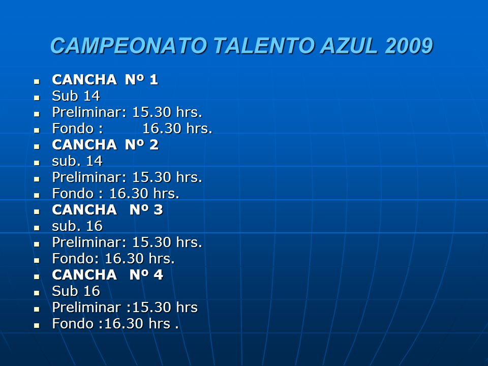 CAMPEONATO TALENTO AZUL 2009 Talento Azul mes Octubre: categorías sub 14/16 Talento Azul mes Octubre: categorías sub 14/16 FECHA DE INICIO : DOMINGO 4 DE OCTBRE.