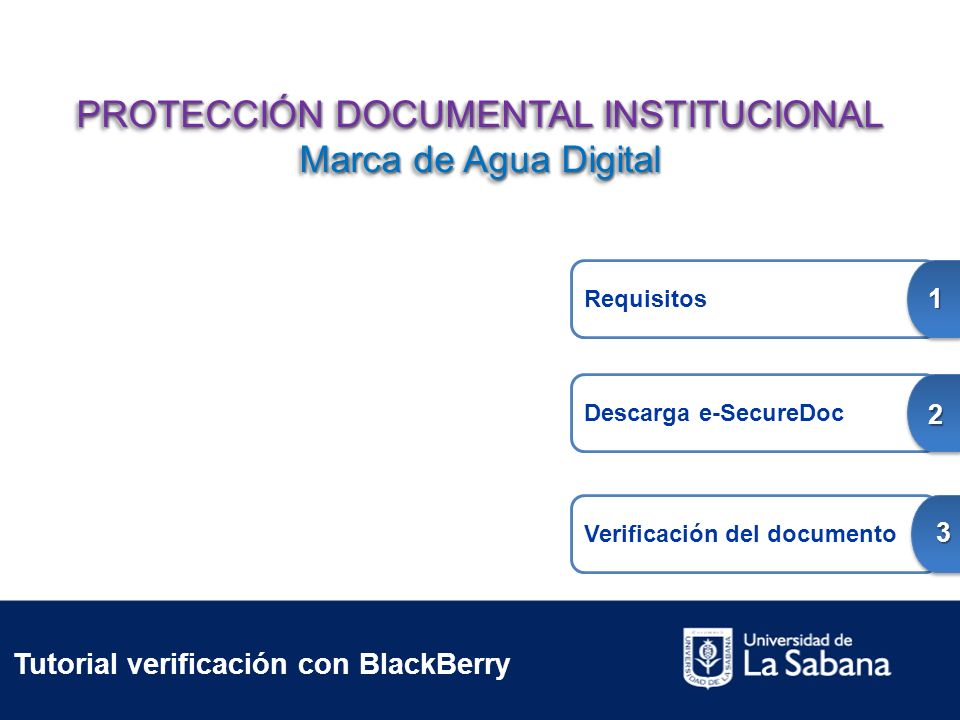 Tutorial verificación con BlackBerry Requisitos 1 Descarga e-SecureDoc 2 Verificación del documento 3 PROTECCIÓN DOCUMENTAL INSTITUCIONAL Marca de Agua Digital PROTECCIÓN DOCUMENTAL INSTITUCIONAL Marca de Agua Digital