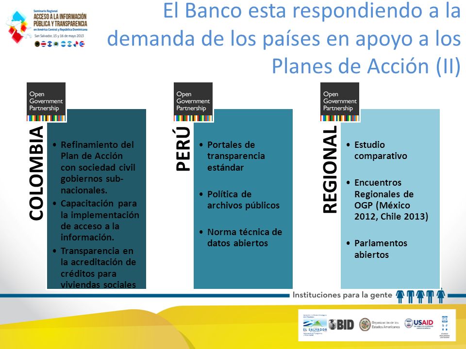 El Banco esta respondiendo a la demanda de los países en apoyo a los Planes de Acción (II) COLOMBIA Refinamiento del Plan de Acción con sociedad civil gobiernos sub- nacionales.
