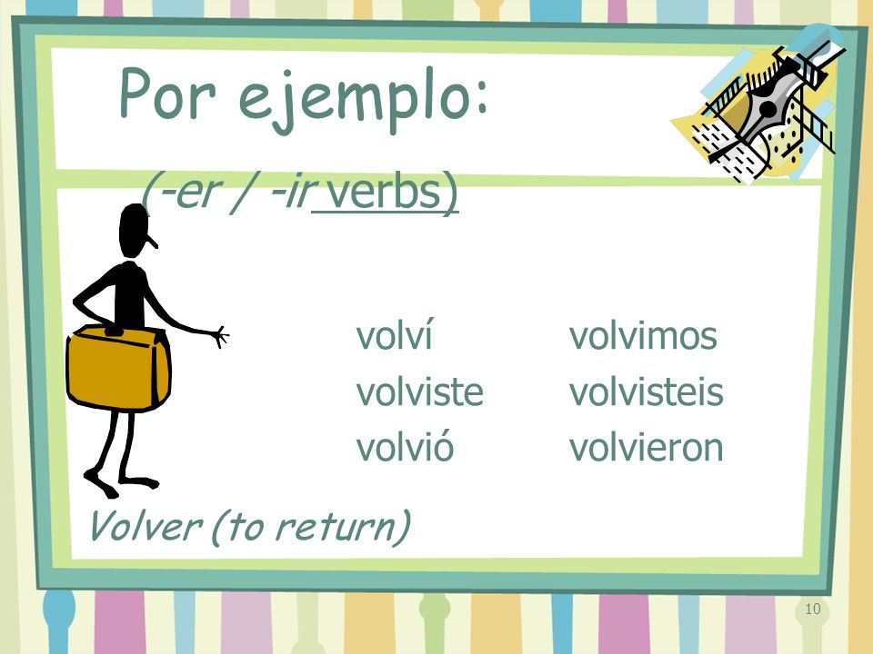 10 (-er / -ir verbs) volví volviste volvió volvimos volvisteis volvieron Por ejemplo: Volver (to return)