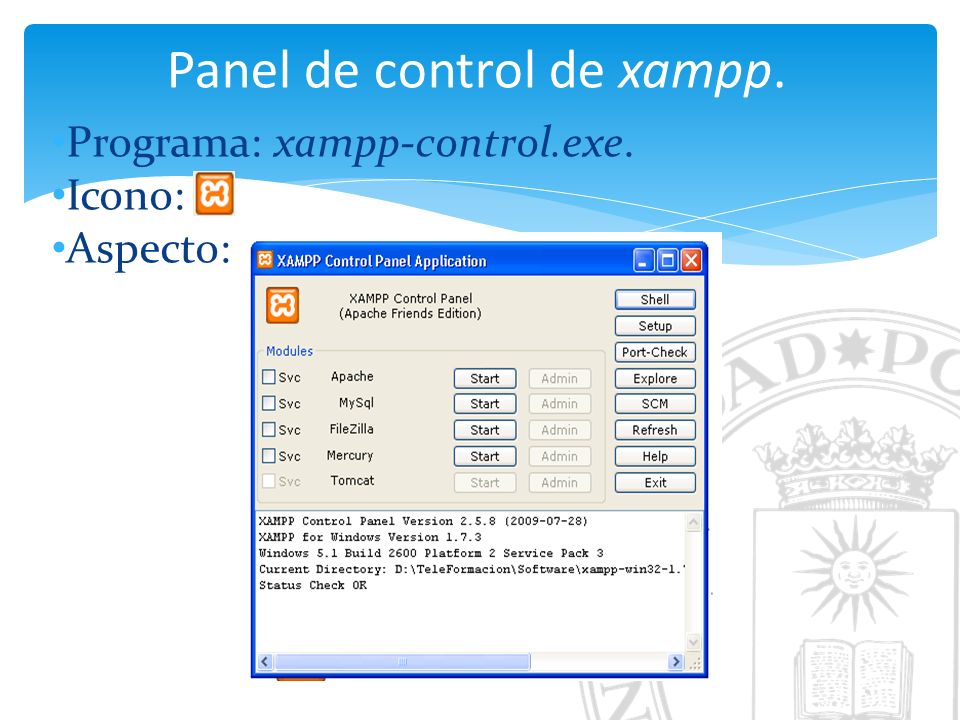 Panel de control de xampp. Programa: xampp-control.exe. Icono: Aspecto: