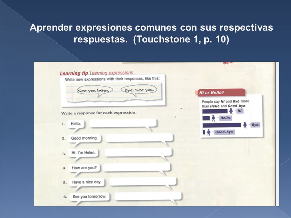 Aprender expresiones comunes con sus respectivas respuestas. (Touchstone 1, p. 10)