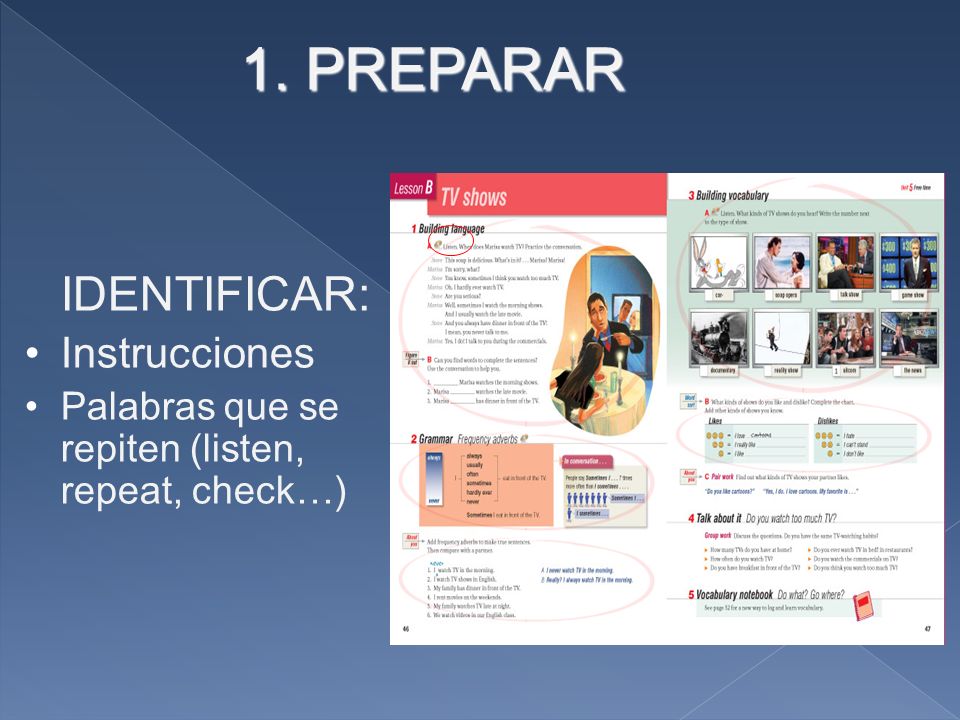 1. PREPARAR IDENTIFICAR: Instrucciones Palabras que se repiten (listen, repeat, check…)