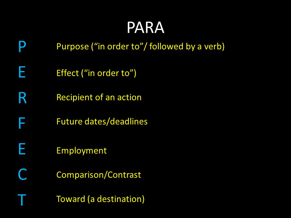 PARA PERFECTPERFECT Purpose (in order to/ followed by a verb) Effect (in order to) Recipient of an action Future dates/deadlines Employment Comparison/Contrast Toward (a destination)