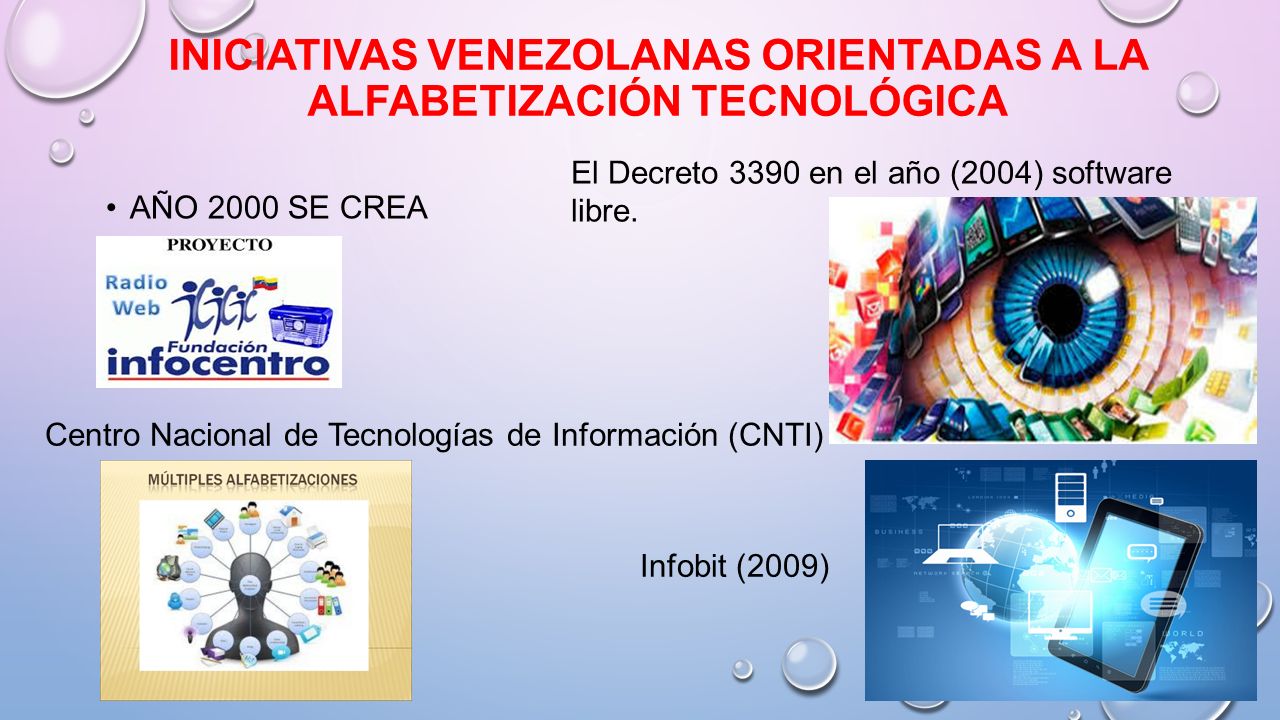 INICIATIVAS VENEZOLANAS ORIENTADAS A LA ALFABETIZACIÓN TECNOLÓGICA AÑO 2000 SE CREA El Decreto 3390 en el año (2004) software libre.