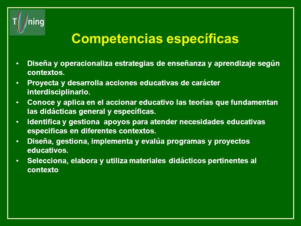 Competencias específicas Diseña y operacionaliza estrategias de enseñanza y aprendizaje según contextos.