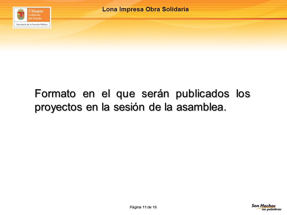 Lona Impresa Obra Solidaria Formato en el que serán publicados los proyectos en la sesión de la asamblea.