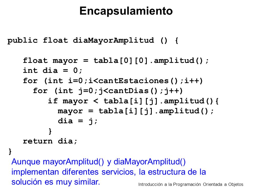 Introducción a la Programación Orientada a Objetos Encapsulamiento public float diaMayorAmplitud () { float mayor = tabla[0][0].amplitud(); int dia = 0; for (int i=0;i<cantEstaciones();i++) for (int j=0;j<cantDias();j++) if mayor < tabla[i][j].amplitud(){ mayor = tabla[i][j].amplitud(); dia = j; } return dia; } Aunque mayorAmplitud() y diaMayorAmplitud() implementan diferentes servicios, la estructura de la solución es muy similar.