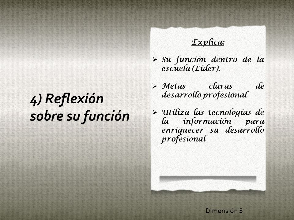 4) Reflexión sobre su función Explica:  Su función dentro de la escuela (Líder).