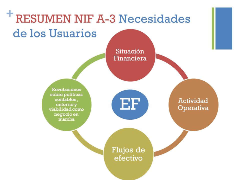 + RESUMEN NIF A-3 Necesidades de los Usuarios EF Situación Financiera Actividad Operativa Flujos de efectivo Revelaciones sobre políticas contables, entorno y viabilidad como negocio en marcha