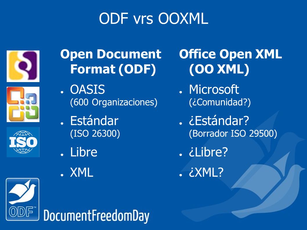 ODF vrs OOXML Open Document Format (ODF) ● OASIS (600 Organizaciones) ● Estándar (ISO 26300) ● Libre ● XML Office Open XML (OO XML) ● Microsoft (¿Comunidad ) ● ¿Estándar.