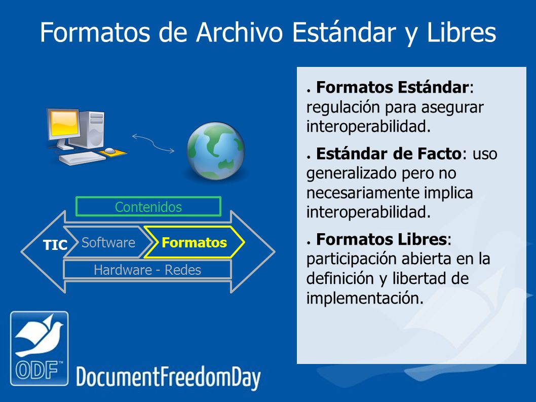 Formatos de Archivo Estándar y Libres ● Formatos Estándar: regulación para asegurar interoperabilidad.