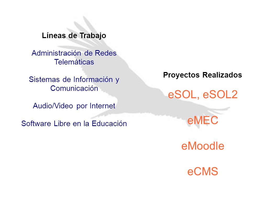 Líneas de Trabajo Administración de Redes Telemáticas Sistemas de Información y Comunicación Audio/Video por Internet Software Libre en la Educación Proyectos Realizados eSOL, eSOL2 eMEC eMoodle eCMS