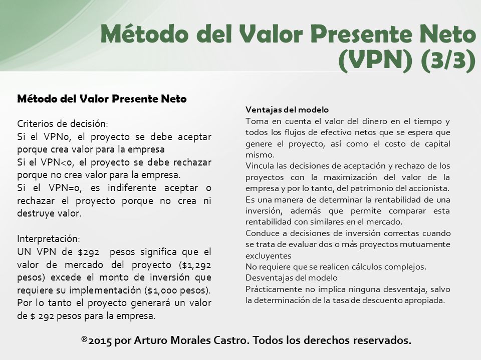 Criterios de decisión: Si el VPN0, el proyecto se debe aceptar porque crea valor para la empresa Si el VPN ˂ 0, el proyecto se debe rechazar porque no crea valor para la empresa.