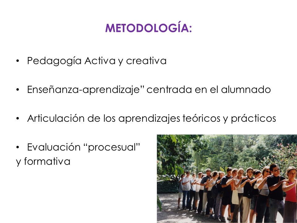 METODOLOGÍA: Pedagogía Activa y creativa Enseñanza-aprendizaje centrada en el alumnado Articulación de los aprendizajes teóricos y prácticos Evaluación procesual y formativa