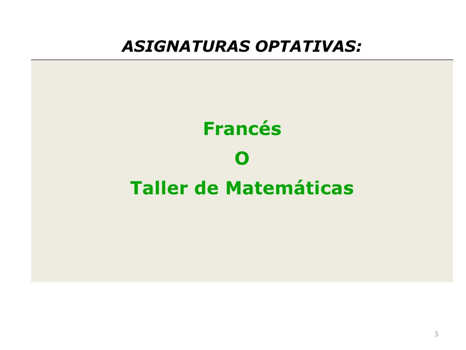ASIGNATURAS OPTATIVAS: Francés O Taller de Matemáticas 3