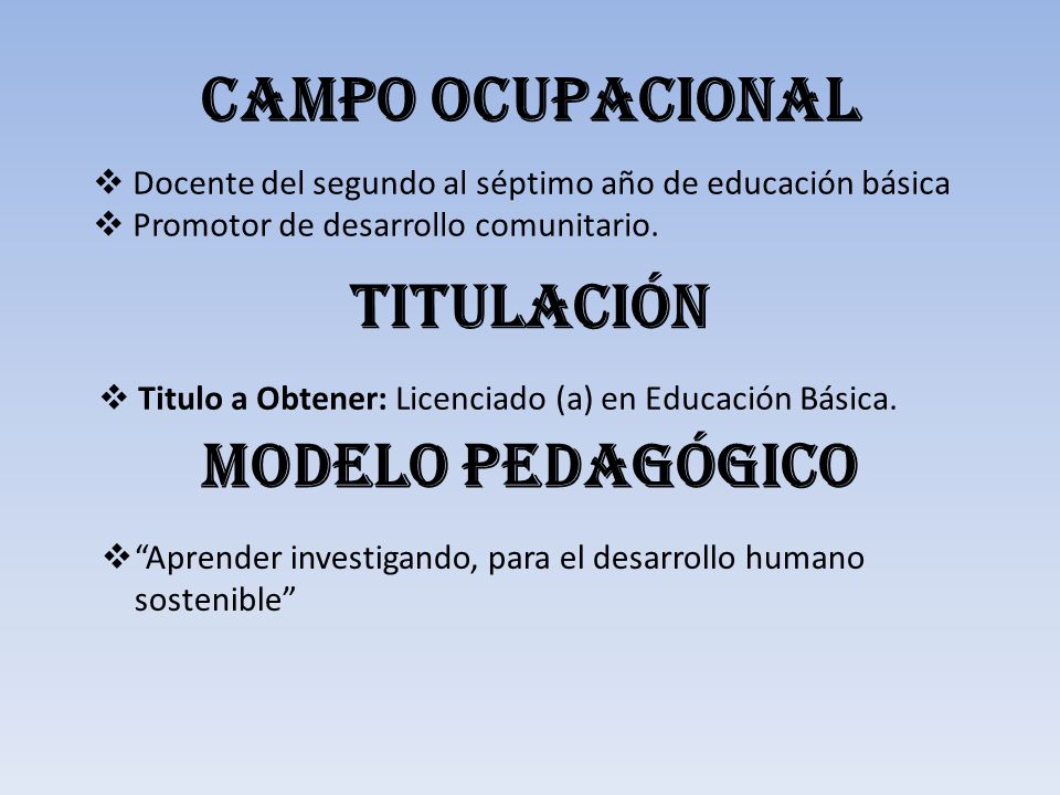 Campo ocupacional  Docente del segundo al séptimo año de educación básica  Promotor de desarrollo comunitario.