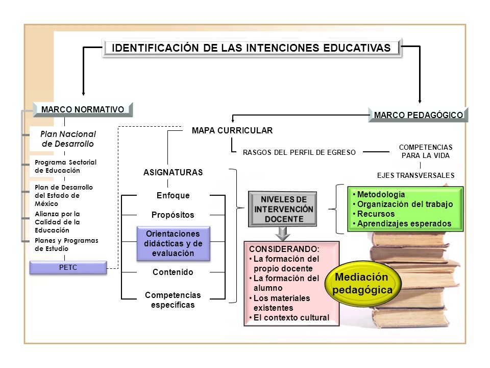 IDENTIFICACIÓN DE LAS INTENCIONES EDUCATIVAS Plan Nacional de Desarrollo Programa Sectorial de Educación Plan de Desarrollo del Estado de México Alianza por la Calidad de la Educación Planes y Programas de Estudio PETC MARCO NORMATIVO MARCO PEDAGÓGICO MAPA CURRICULAR RASGOS DEL PERFIL DE EGRESO EJES TRANSVERSALES COMPETENCIAS PARA LA VIDA ASIGNATURAS Enfoque Propósitos Orientaciones didácticas y de evaluación Contenido Competencias específicas Metodología Organización del trabajo Recursos Aprendizajes esperados CONSIDERANDO: La formación del propio docente La formación del alumno Los materiales existentes El contexto cultural Mediación pedagógica