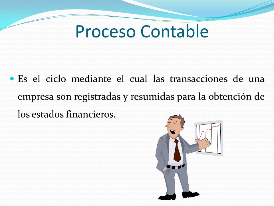 Proceso Contable Es el ciclo mediante el cual las transacciones de una empresa son registradas y resumidas para la obtención de los estados financieros.