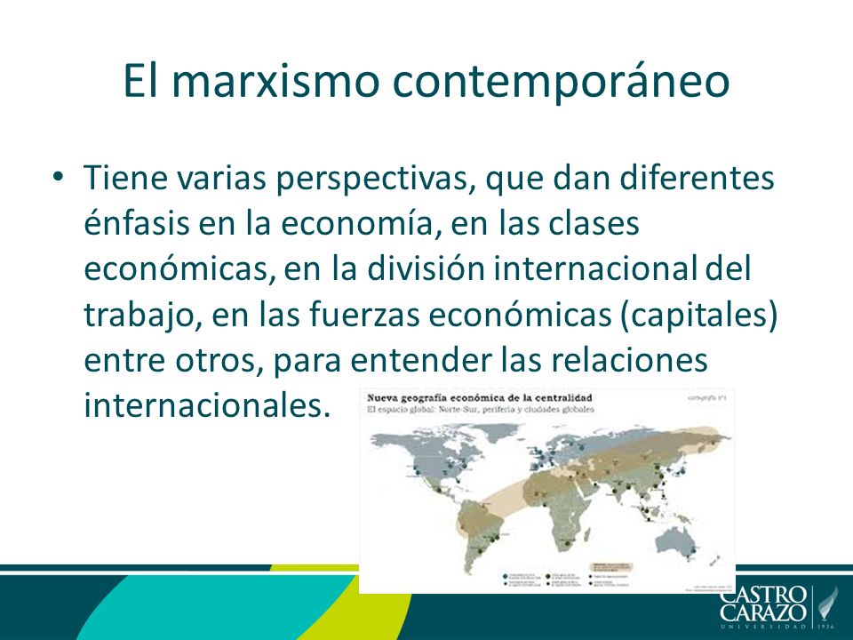 El marxismo contemporáneo Tiene varias perspectivas, que dan diferentes énfasis en la economía, en las clases económicas, en la división internacional del trabajo, en las fuerzas económicas (capitales) entre otros, para entender las relaciones internacionales.