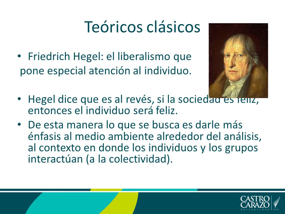 Teóricos clásicos Friedrich Hegel: el liberalismo que pone especial atención al individuo.
