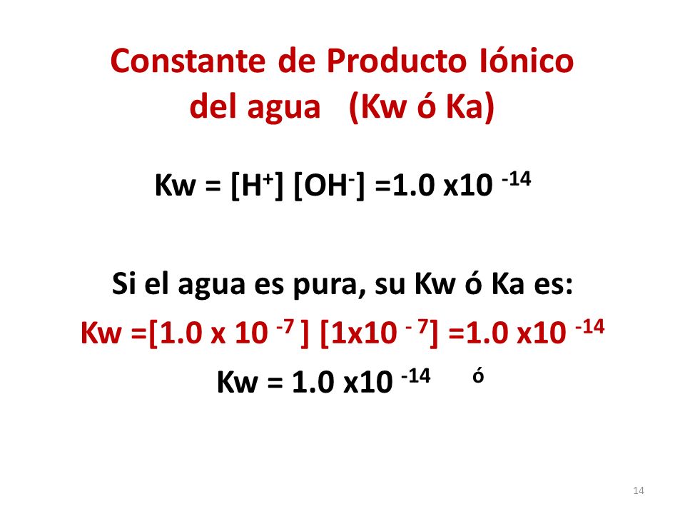14 Constante de Producto Iónico del agua (Kw ó Ka) Kw = [H + ] [OH - ] =1.0 x Si el agua es pura, su Kw ó Ka es: Kw =[1.0 x ] [1x ] =1.0 x Kw = 1.0 x ó