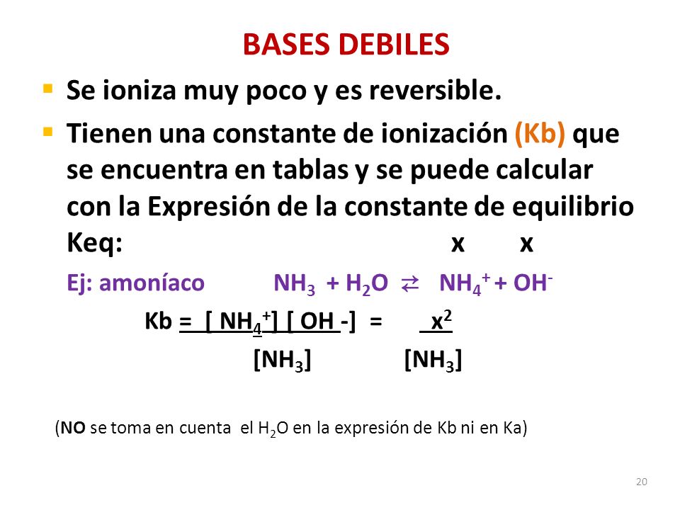 20 BASES DEBILES  Se ioniza muy poco y es reversible.