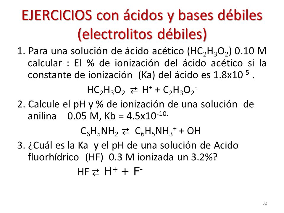 32 EJERCICIOS con ácidos y bases débiles (electrolitos débiles) 1.