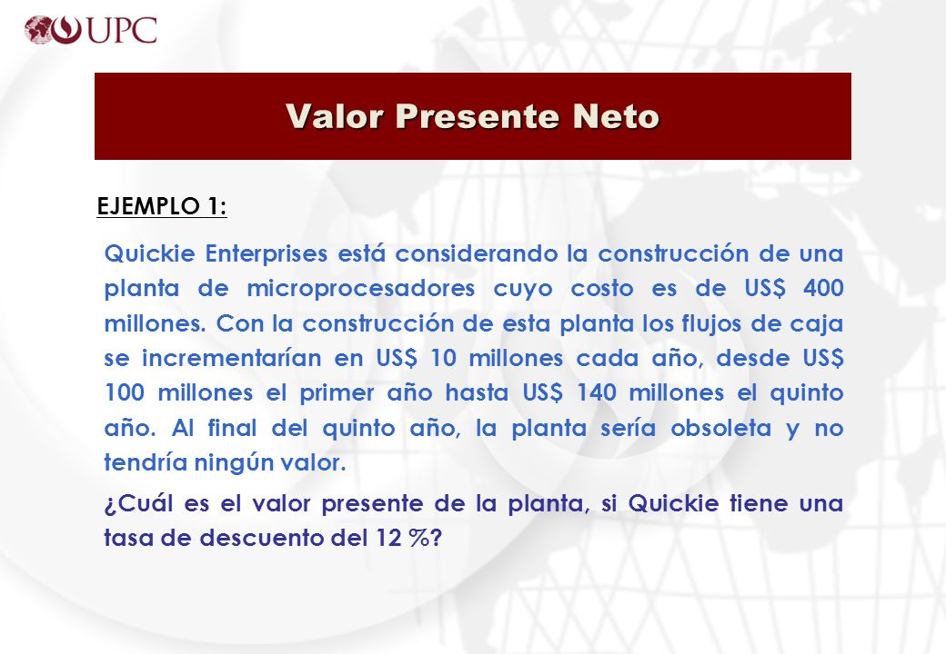 Valor Presente Neto Quickie Enterprises está considerando la construcción de una planta de microprocesadores cuyo costo es de US$ 400 millones.