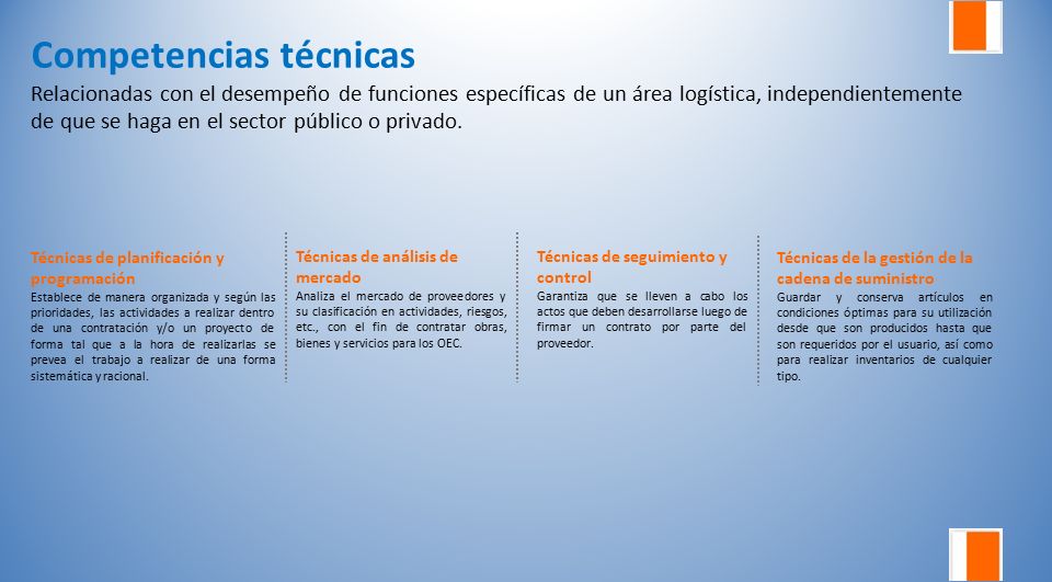 Competencias técnicas Relacionadas con el desempeño de funciones específicas de un área logística, independientemente de que se haga en el sector público o privado.