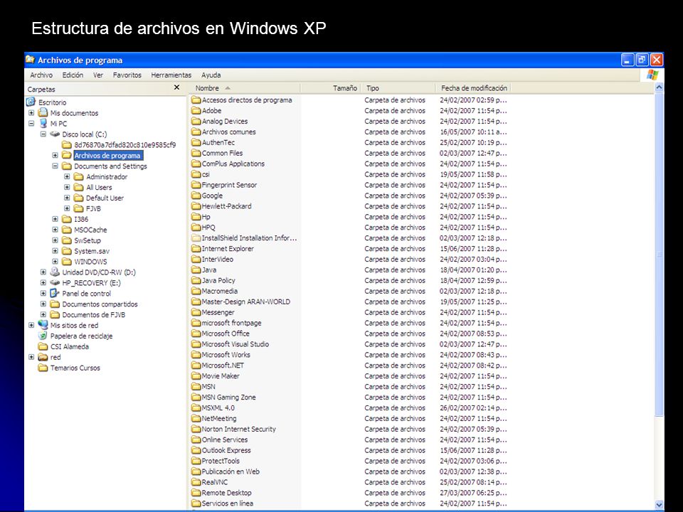 Estructura de archivos en Windows XP