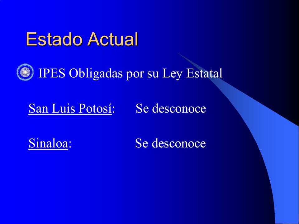 Estado Actual IPES Obligadas por su Ley Estatal San Luis Potosí: Se desconoce Sinaloa: Se desconoce