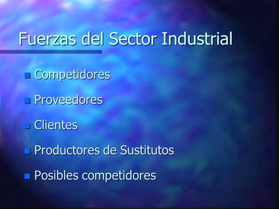 Fuerzas del Sector Industrial n Competidores n Proveedores n Clientes n Productores de Sustitutos n Posibles competidores