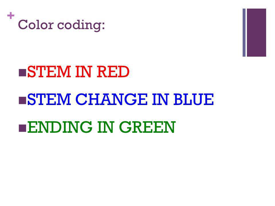 + Color coding: STEM IN RED STEM CHANGE IN BLUE ENDING IN GREEN