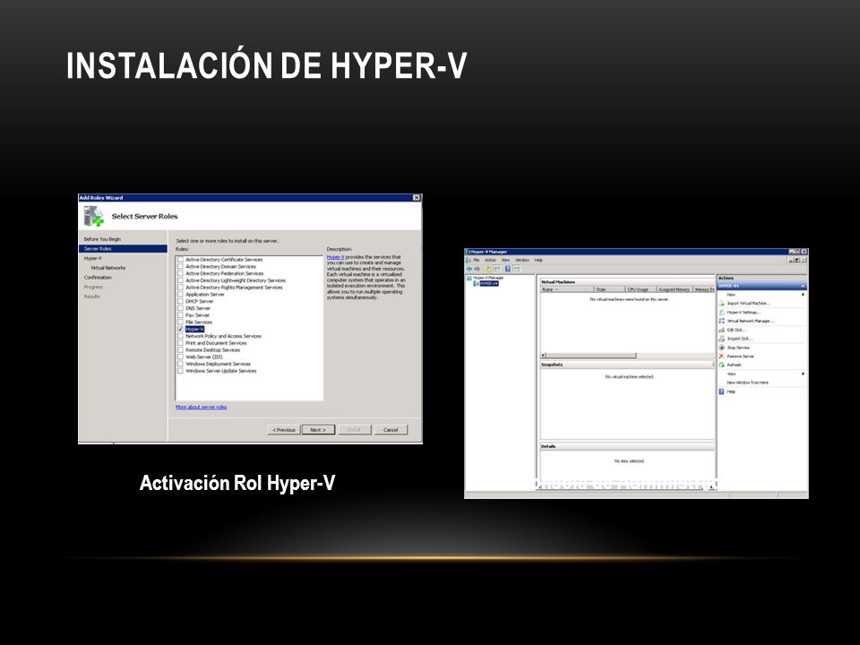 INSTALACIÓN DE HYPER-V Activación Rol Hyper-V Consola de Administración