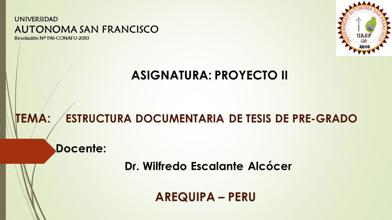 ESTRUCTURA DOCUMENTARIA DE TESIS DE PRE-GRADO Docente: Dr.
