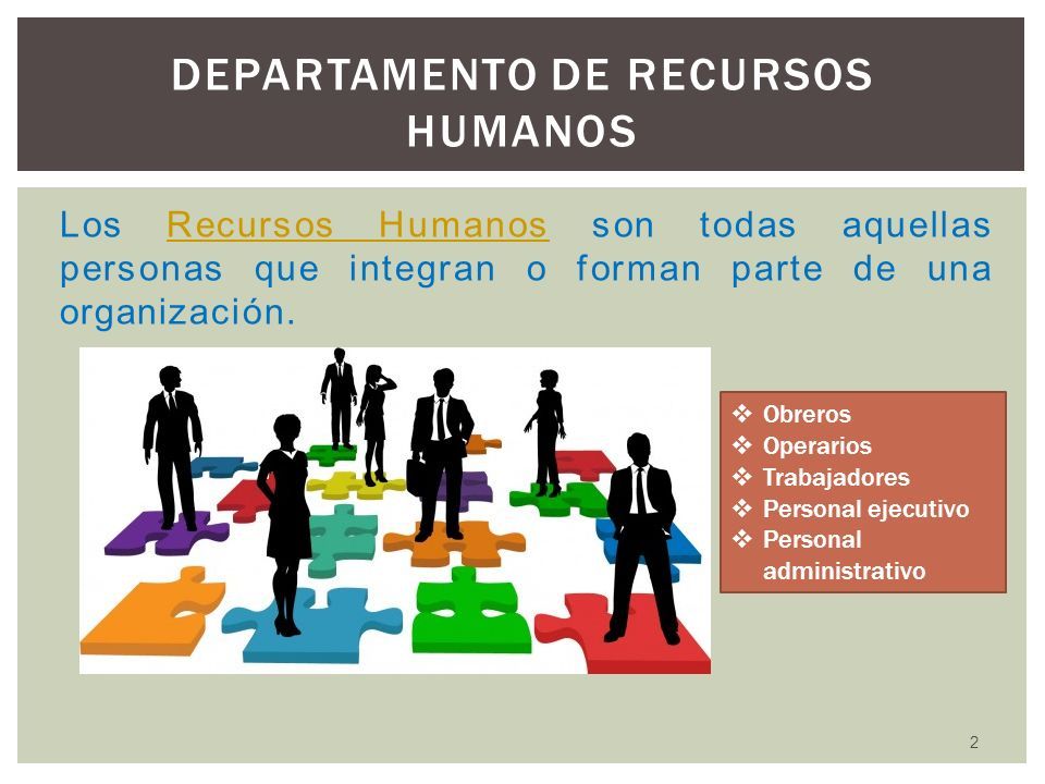 Los Recursos Humanos son todas aquellas personas que integran o forman parte de una organización.Recursos Humanos 2 DEPARTAMENTO DE RECURSOS HUMANOS  Obreros  Operarios  Trabajadores  Personal ejecutivo  Personal administrativo
