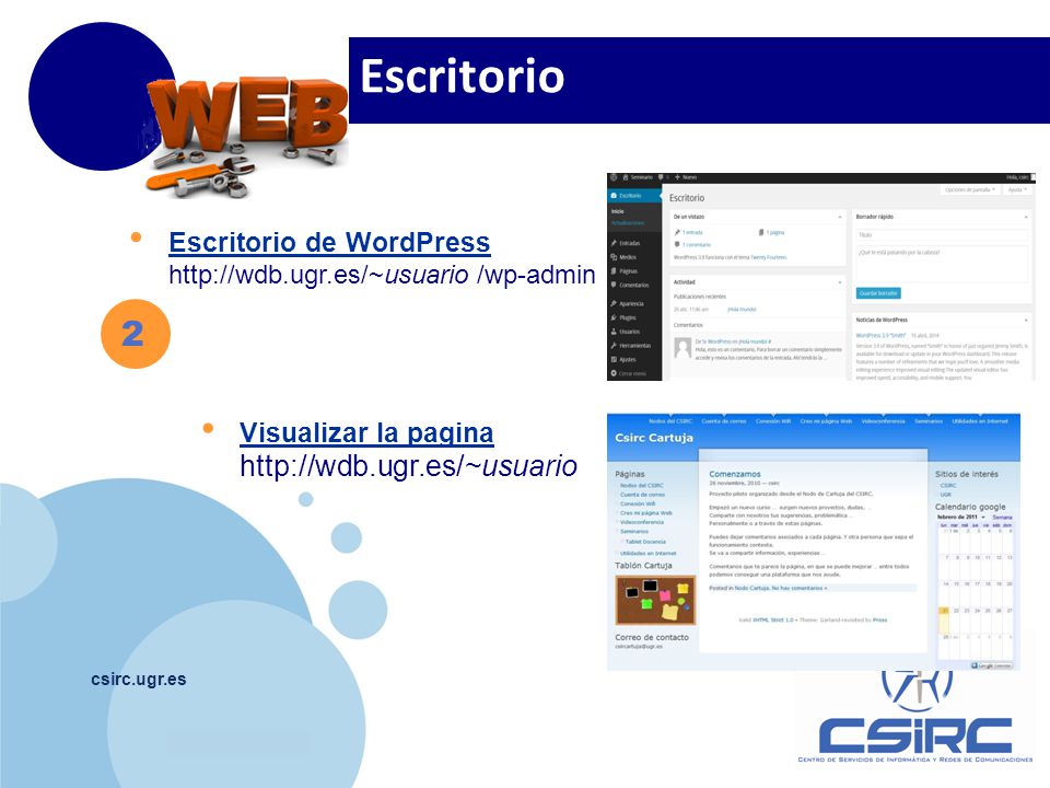 csirc.ugr.es 2 Escritorio de WordPress   /wp-admin Visualizar la pagina   Escritorio