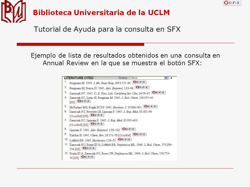 Ejemplo de lista de resultados obtenidos en una consulta en Annual Review en la que se muestra el botón SFX: Tutorial de Ayuda para la consulta en SFX Biblioteca Universitaria de la UCLM
