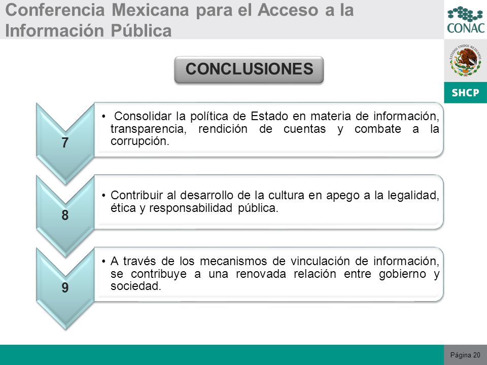 Página 20 Conferencia Mexicana para el Acceso a la Información Pública CONCLUSIONES 7 Consolidar la política de Estado en materia de información, transparencia, rendición de cuentas y combate a la corrupción.