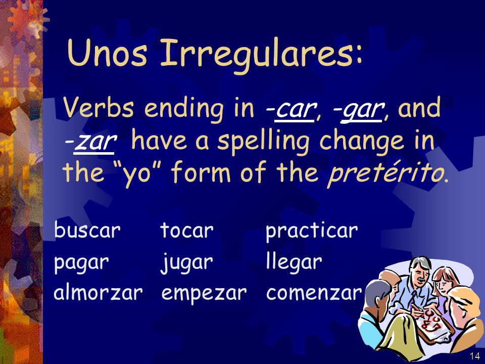 14 Verbs ending in -car, -gar, and -zar have a spelling change in the yo form of the pretérito.