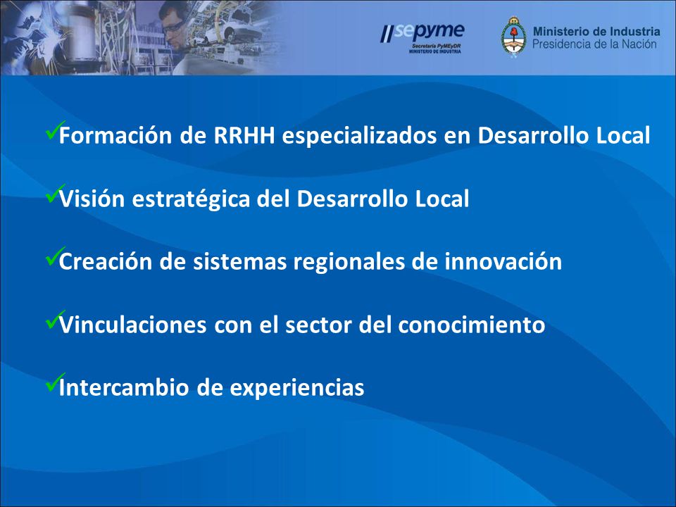 Formación de RRHH especializados en Desarrollo Local Visión estratégica del Desarrollo Local Creación de sistemas regionales de innovación Vinculaciones con el sector del conocimiento Intercambio de experiencias